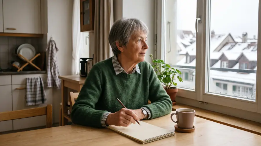 Eine Frau um die siebzig sitzt mit Notizblock und Teetasse am Küchentisch und schaut aus dem Fenster auf verschneite Dächer.