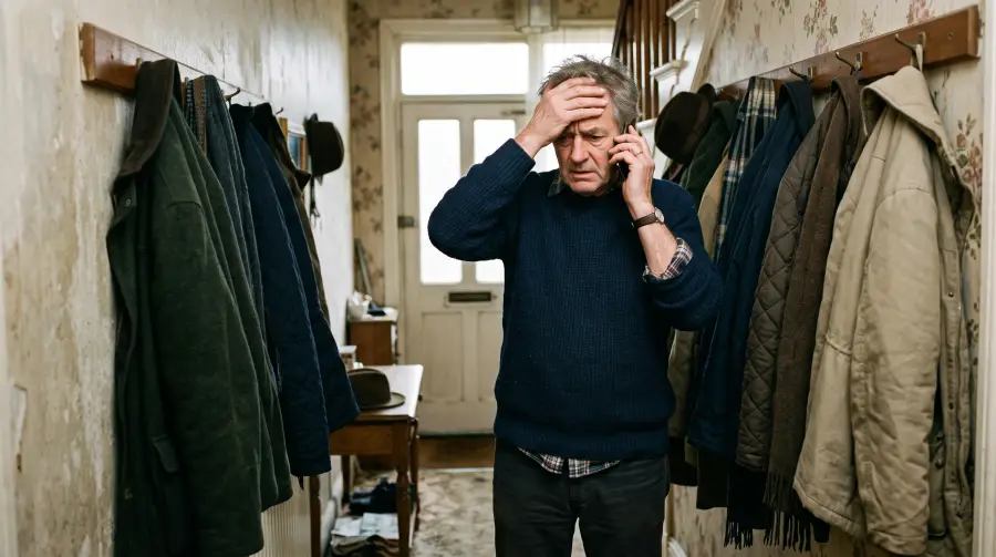 A man in his sixties stands in his hallway with a phone to his ear and a hand on his forehead, looking worried.