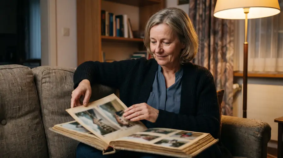 Eine Frau Ende fünfzig blättert auf dem Sofa in einem alten Fotoalbum.