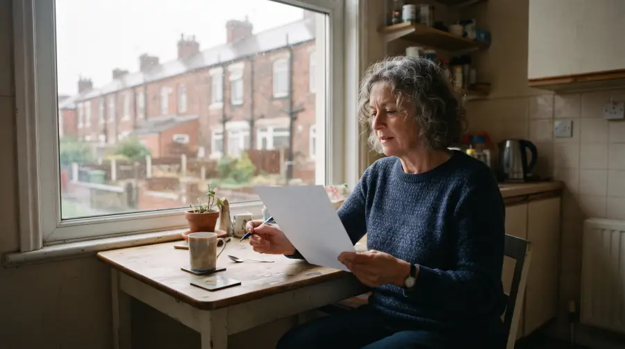 A woman in her sixties reads a sheet of paper at a small kitchen table, terraced houses visible through the window.