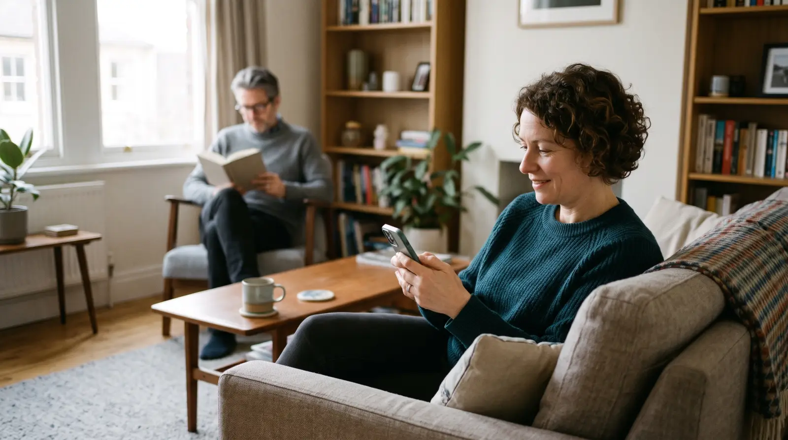 A woman in her forties smiles at her phone on the sofa while a man reads a book in the background.