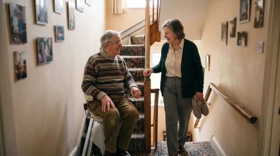 A man in his seventies sits on a stairlift at the foot of the stairs, smiling at his wife beside him.