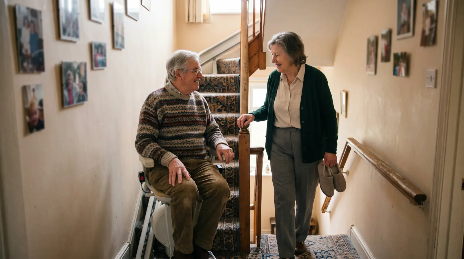 A man in his seventies sits on a stairlift at the foot of the stairs, smiling at his wife beside him.