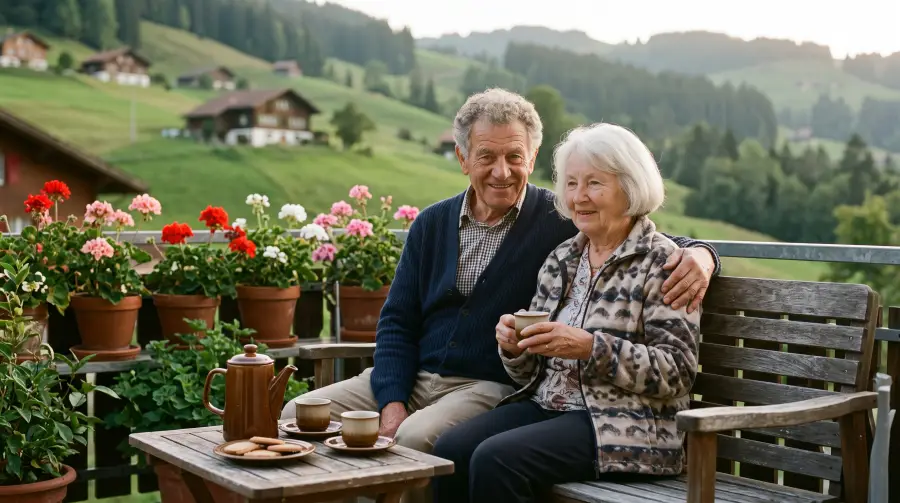 Ein Ehepaar um die siebzig sitzt mit Kaffee auf einer Holzbank auf dem Balkon, im Hintergrund grüne Hügel.