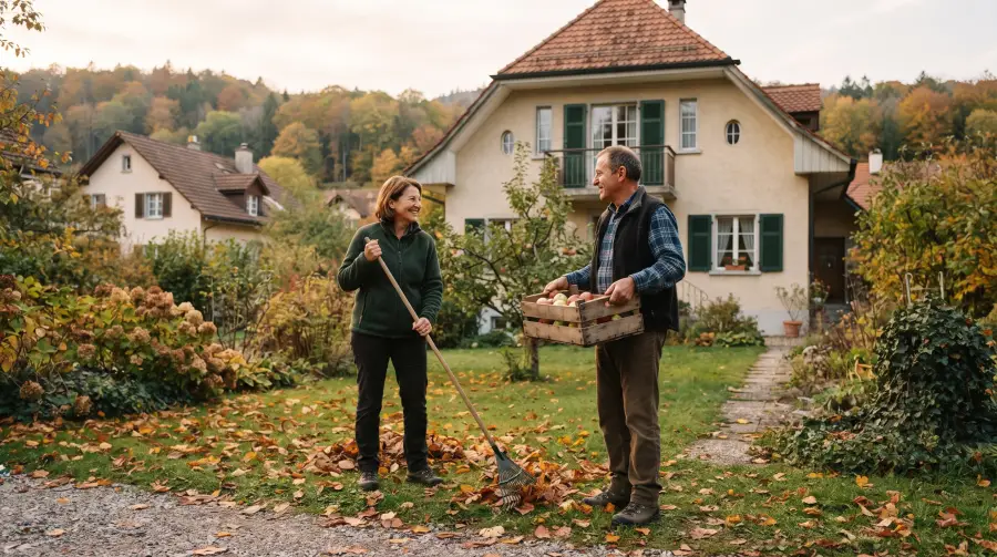 Ein Ehepaar Ende fünfzig im Garten vor seinem Einfamilienhaus mit grünen Fensterläden, die Frau recht Herbstlaub, der Mann trägt eine Kiste Äpfel.