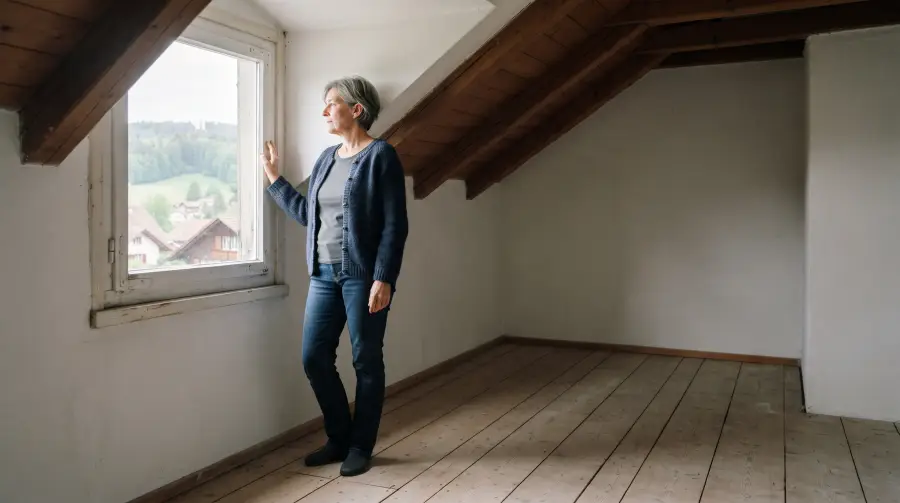 Frau steht in einem leeren, unmöblierten Dachzimmer eines älteren Einfamilienhauses mit Holzboden und Dachschräge.