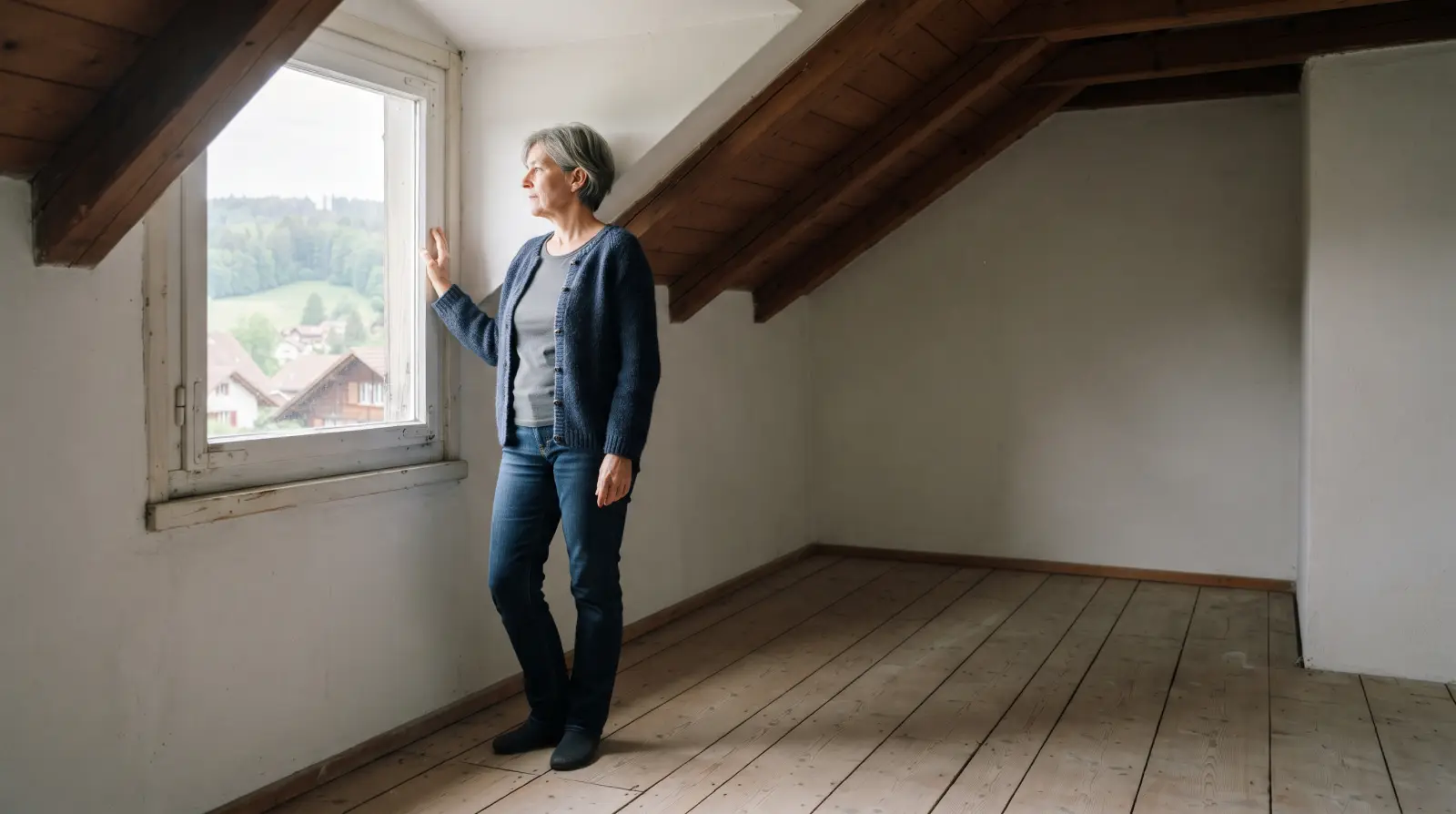 Frau steht in einem leeren, unmöblierten Dachzimmer eines älteren Einfamilienhauses mit Holzboden und Dachschräge.