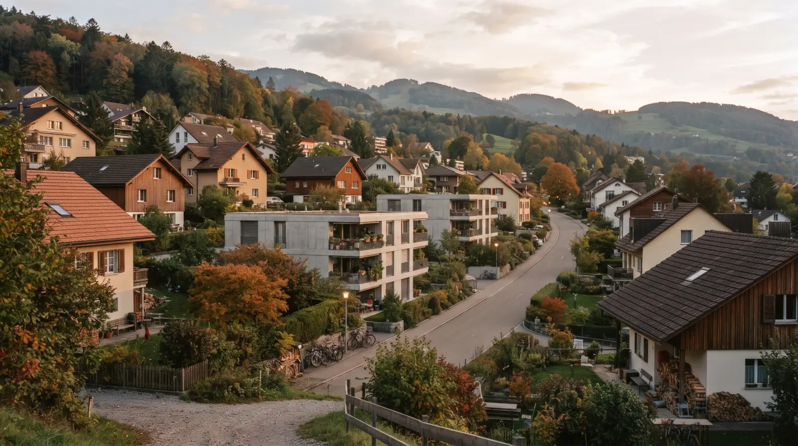 Ein ruhiges Wohnquartier am Hang einer Schweizer Kleinstadt im Herbst, mit Einfamilienhäusern, Gärten und zwei kleineren Mehrfamilienhäusern.