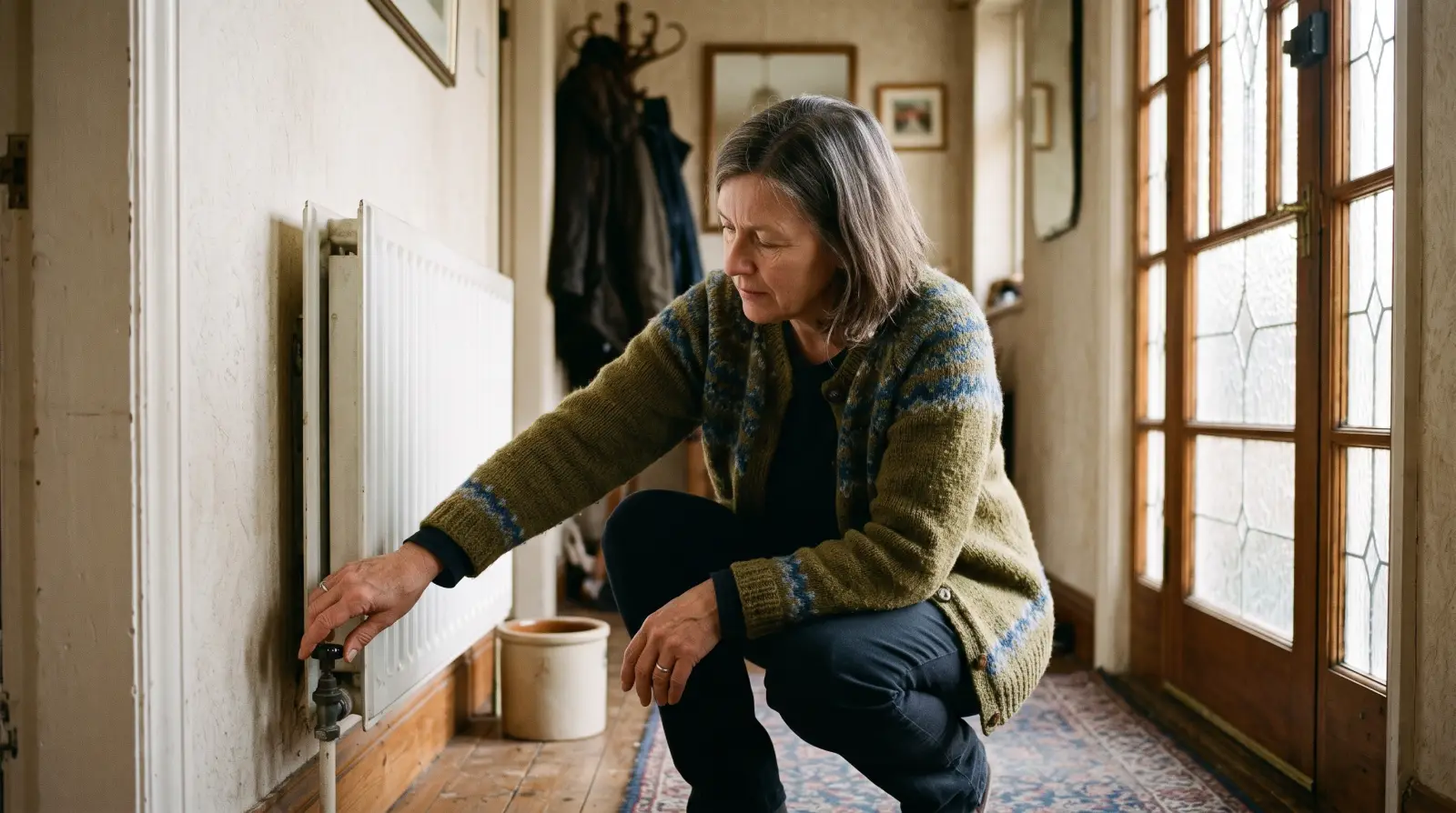 A woman in her fifties crouches to turn a radiator valve in the hallway of an older British house.