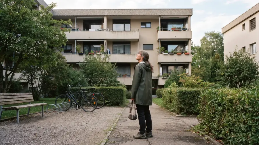 Eine Frau um die fünfzig blickt im Innenhof einer Schweizer Wohnanlage mit Stockwerkeigentum zur Fassade und zum Flachdach hinauf.
