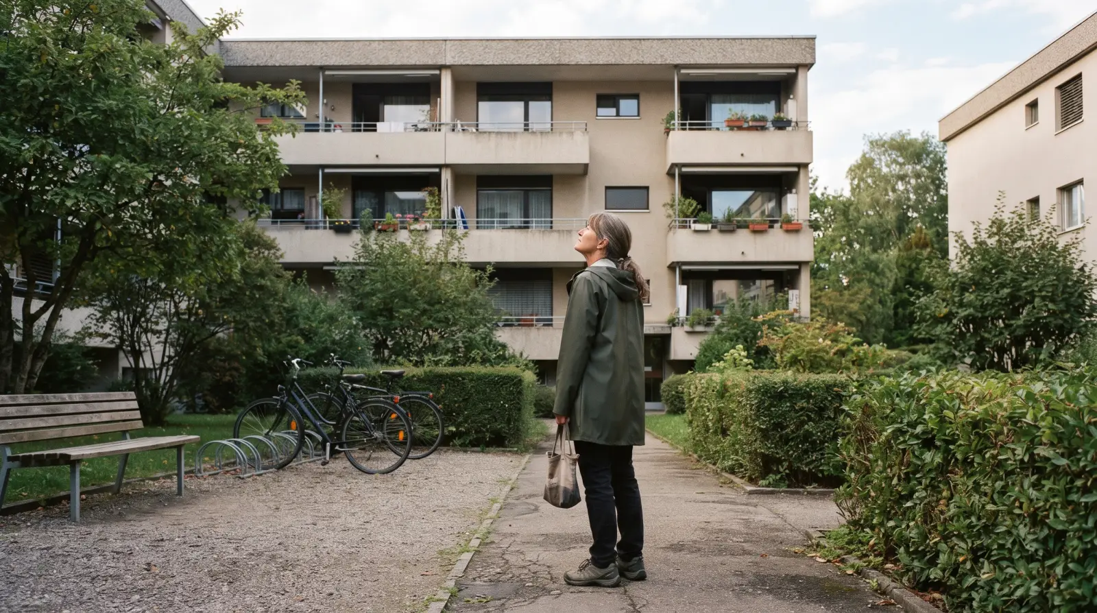 Eine Frau um die fünfzig blickt im Innenhof einer Schweizer Wohnanlage mit Stockwerkeigentum zur Fassade und zum Flachdach hinauf.