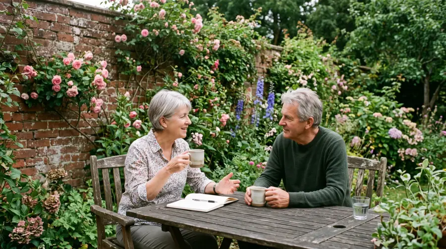 A couple in their early sixties talk over coffee and a notebook at a table in an English garden full of roses.