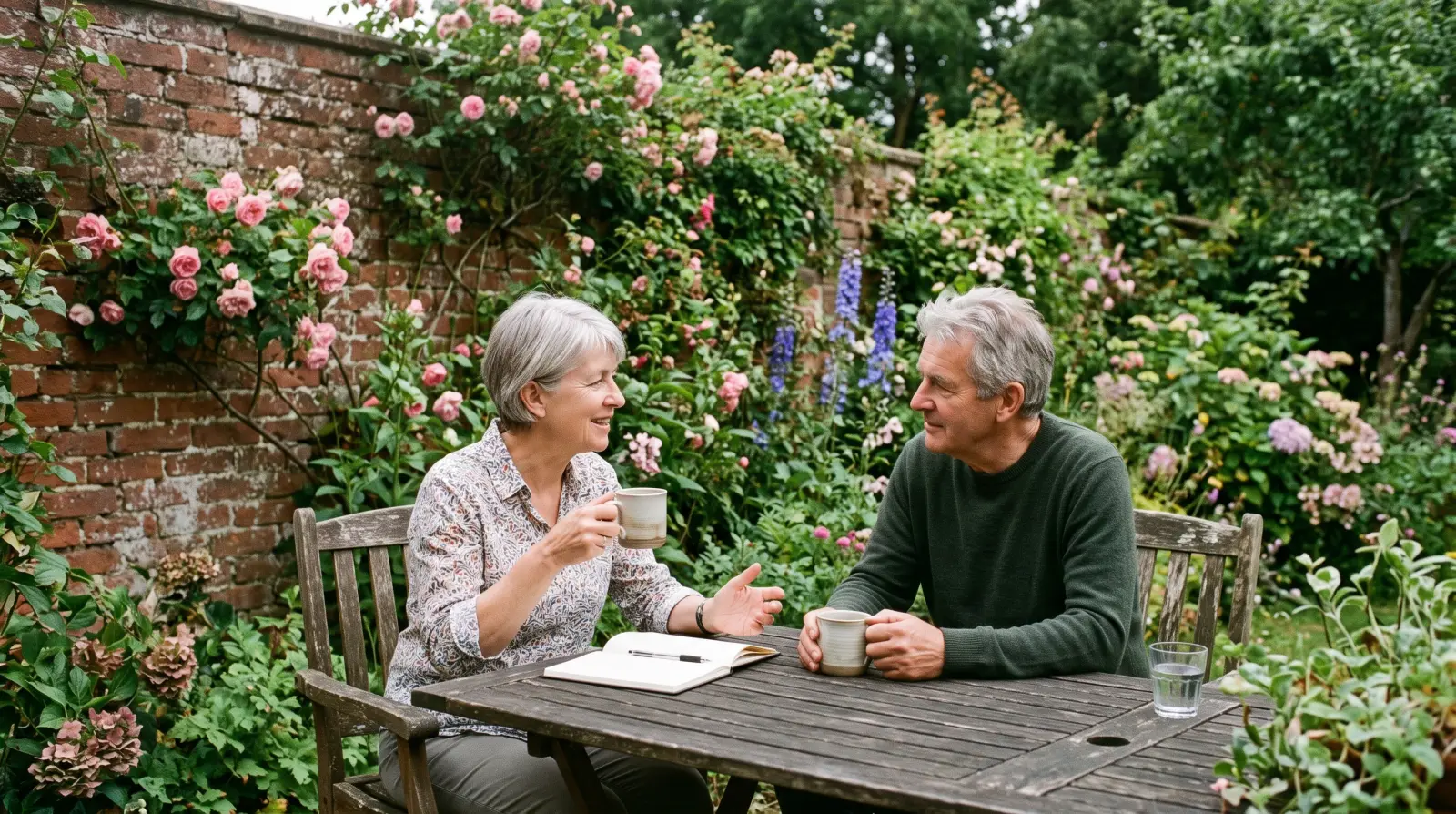 A couple in their early sixties talk over coffee and a notebook at a table in an English garden full of roses.