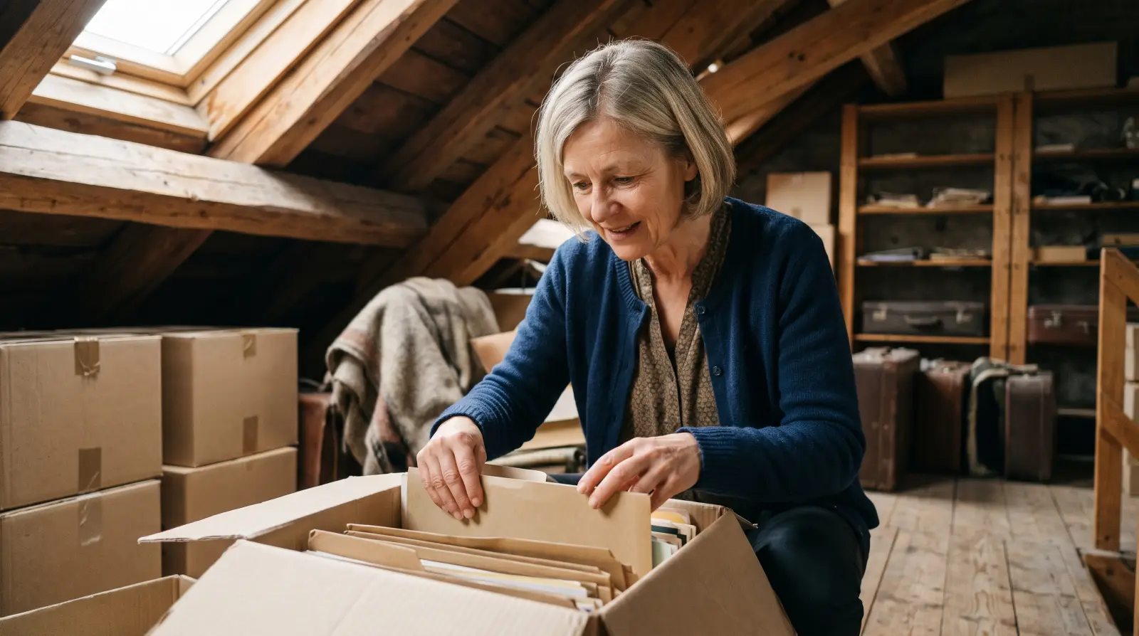 Eine Frau um die sechzig sucht auf einem Dachboden mit Holzbalken in einer Kartonschachtel voller Mappen.
