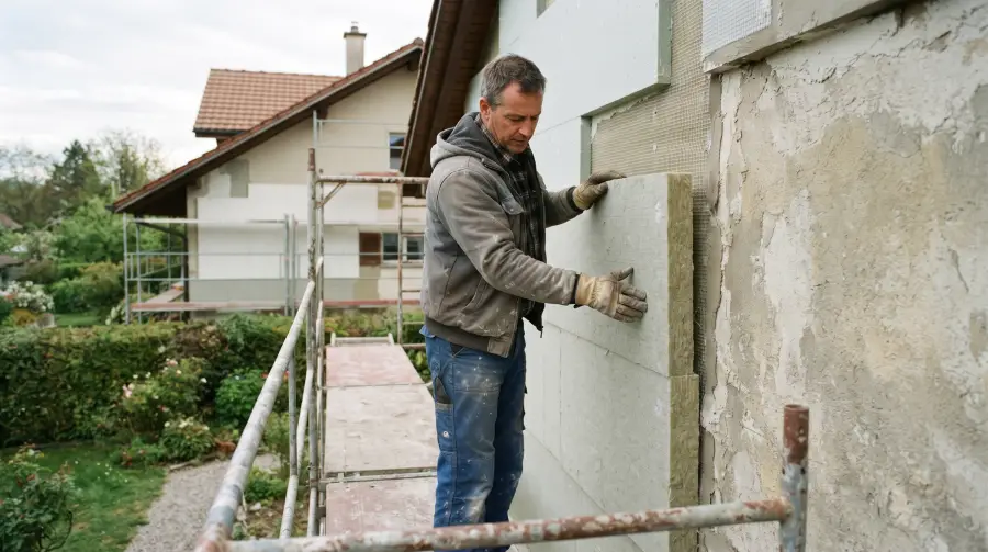Ein Handwerker montiert an der Fassade eines Schweizer Einfamilienhauses aus den Siebzigerjahren helle Dämmplatten, im Vordergrund ein Gerüst.