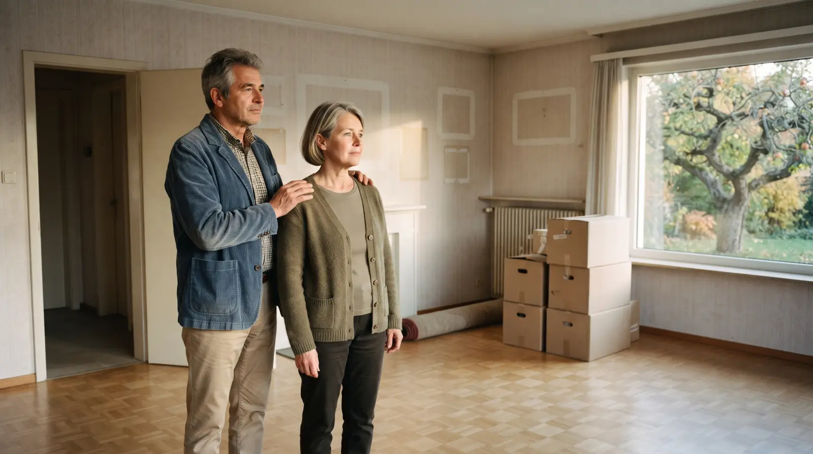 Ein Ehepaar um die sechzig steht im fast leergeräumten Wohnzimmer seines langjährigen Einfamilienhauses, an der Wand gestapelte Umzugskartons.