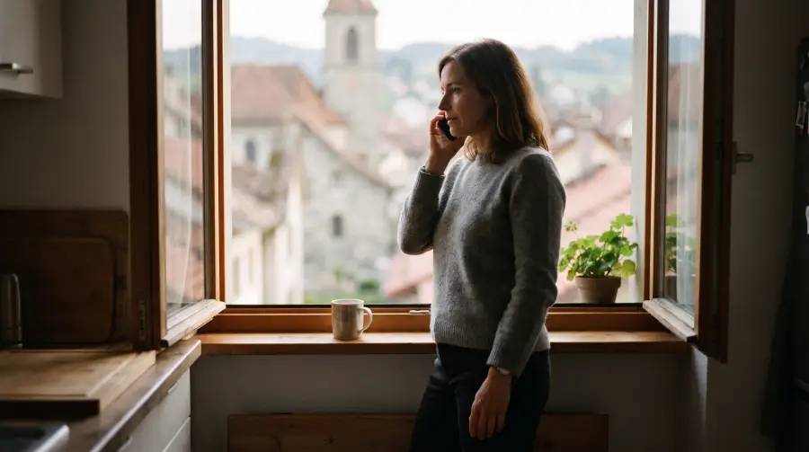 Eine Frau Mitte vierzig steht am offenen Küchenfenster ihrer Wohnung in einer Schweizer Kleinstadt und telefoniert, im Hintergrund Ziegeldächer.