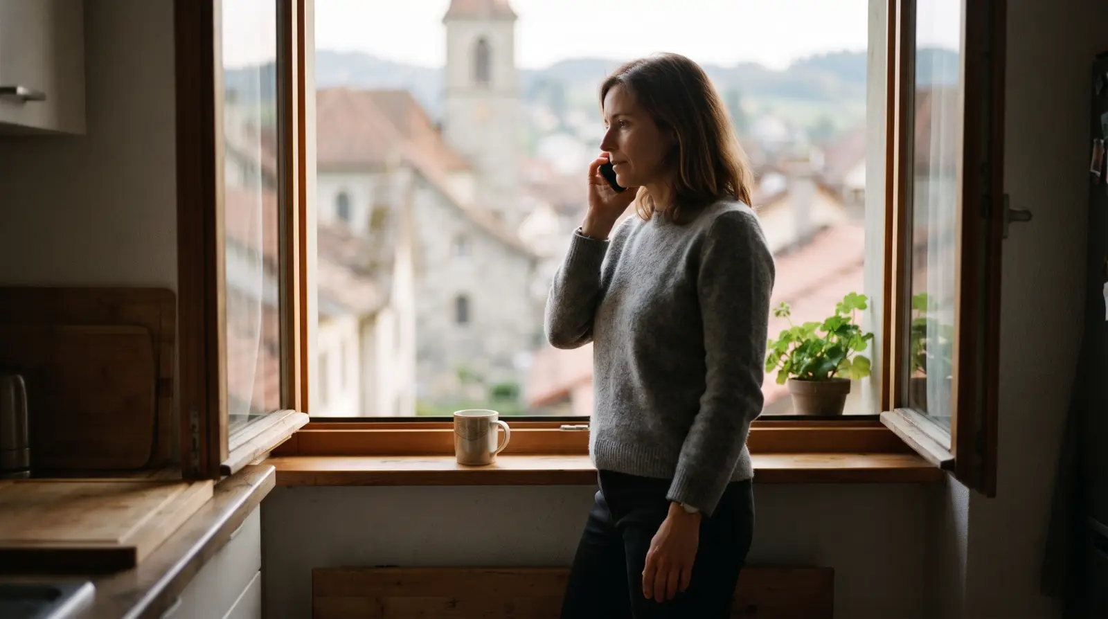 Eine Frau Mitte vierzig steht am offenen Küchenfenster ihrer Wohnung in einer Schweizer Kleinstadt und telefoniert, im Hintergrund Ziegeldächer.