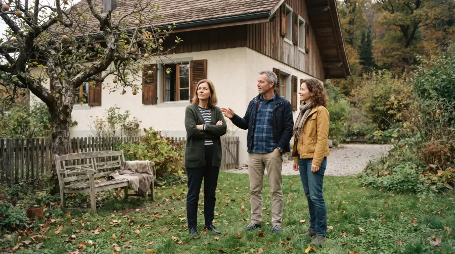 Drei erwachsene Geschwister stehen im Garten vor einem älteren Schweizer Einfamilienhaus und unterhalten sich ruhig.