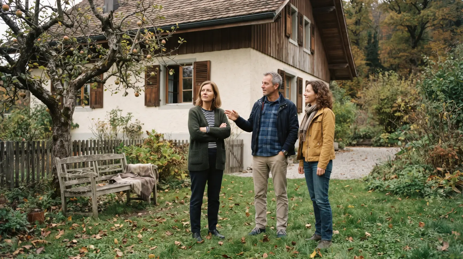 Drei erwachsene Geschwister stehen im Garten vor einem älteren Schweizer Einfamilienhaus und unterhalten sich ruhig.