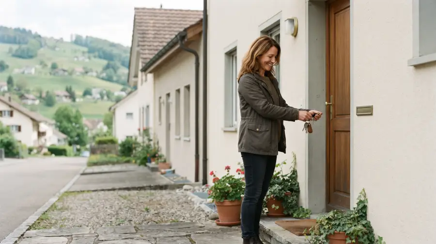 Eine Frau um die vierzig steht mit einem Schlüsselbund vor der Haustür eines Reihenhauses in einer Schweizer Kleinstadt.