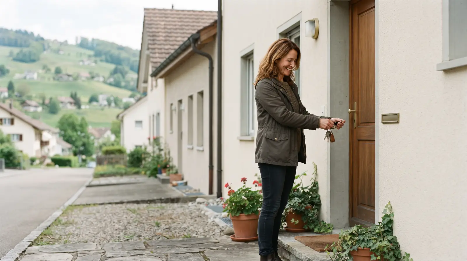 Eine Frau um die vierzig steht mit einem Schlüsselbund vor der Haustür eines Reihenhauses in einer Schweizer Kleinstadt.