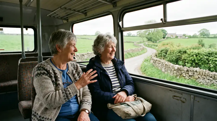 Two women friends in their sixties laugh together on a country bus as dry-stone walls and green fields pass the window.