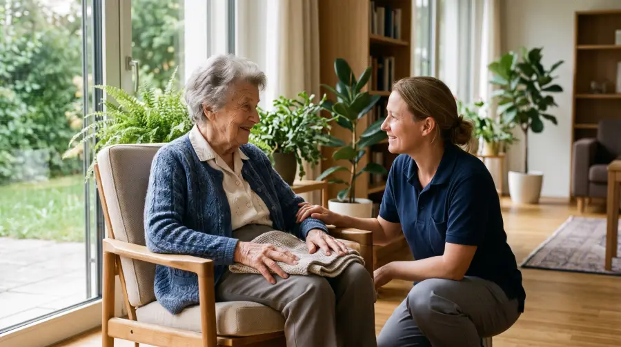 Eine Pflegefachfrau kniet im hellen Aufenthaltsraum eines Pflegeheims neben einer betagten Bewohnerin und spricht mit ihr.