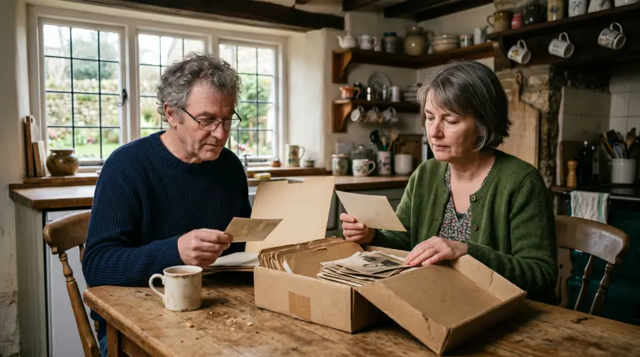 A brother and sister in their fifties go through a box of old photographs and papers at a cottage kitchen table.