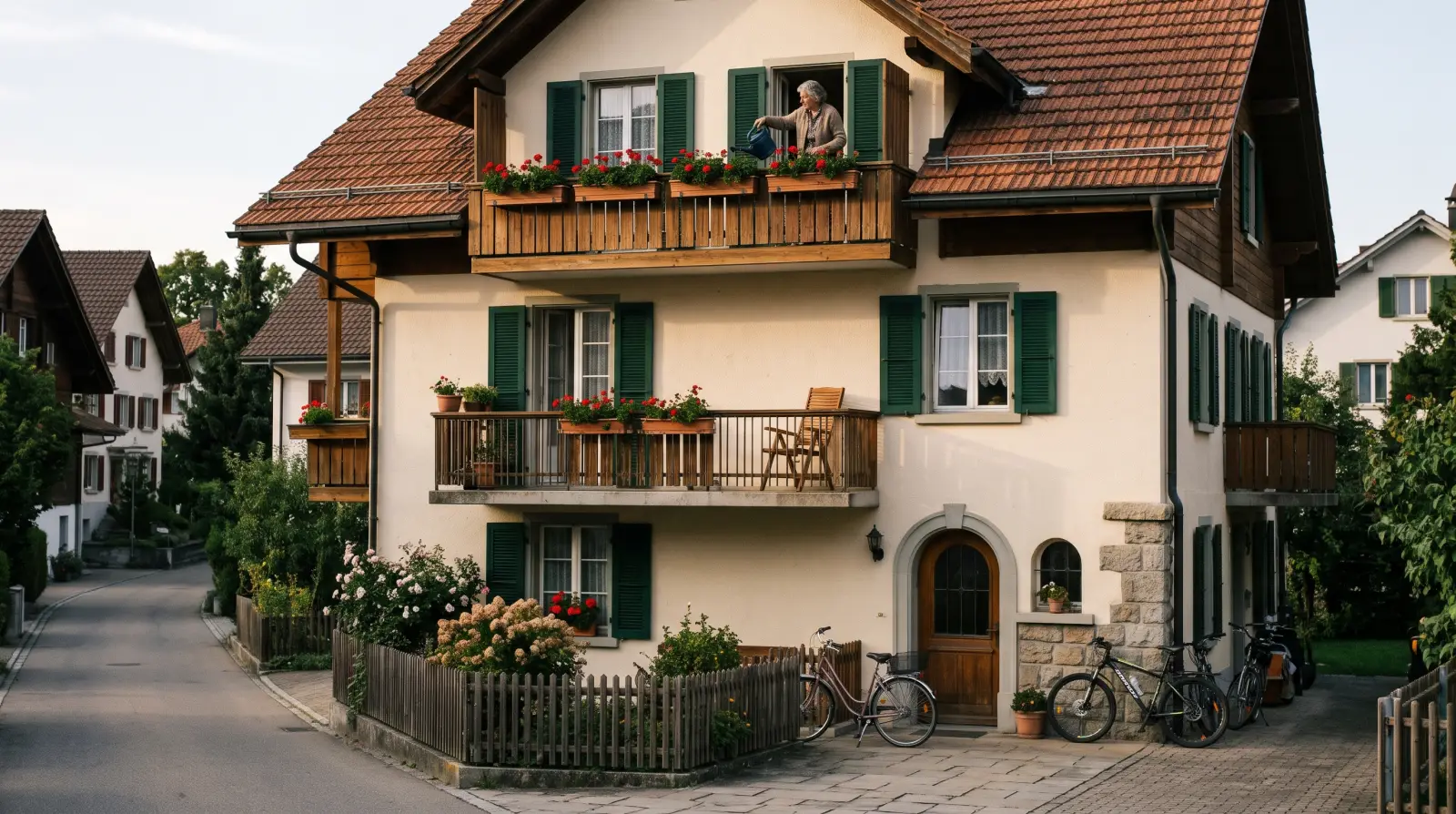 Dreifamilienhaus an einer Dorfstrasse, auf dem obersten Balkon giesst eine Frau die Geranien.