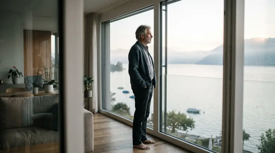 Ein Mann um die sechzig steht in einer Wohnung an einem grossen Fenster und schaut auf einen See im Morgendunst.