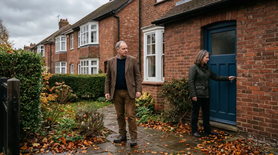 A couple in their fifties lock the front door of a red-brick semi-detached house on an autumn day.