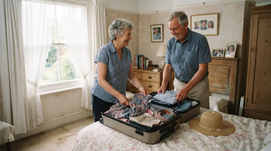 A couple in their late sixties pack summer clothes into a suitcase on the bed in their English home, a straw hat beside it.