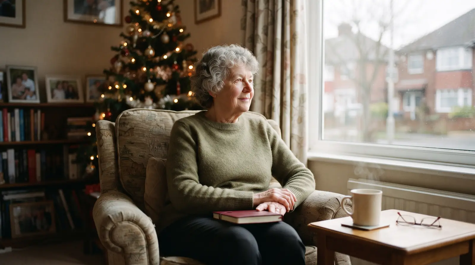 A woman of about seventy sits in an armchair by the front window of her home in December, a closed diary on her lap and a Christmas tree behind her.