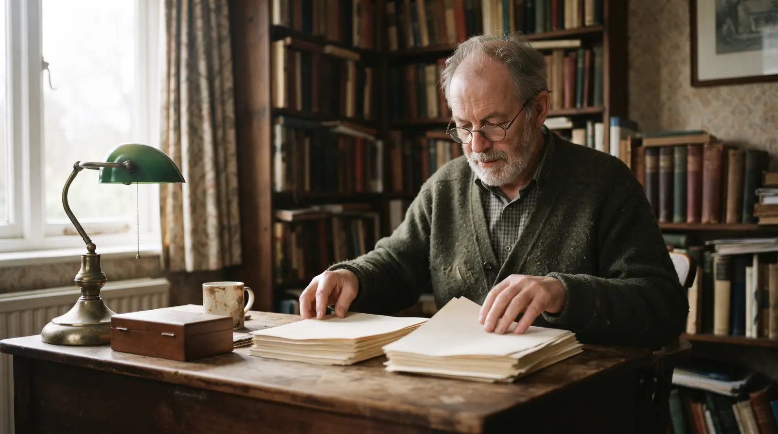 A man in his late sixties sorts plain papers into two piles at a wooden desk in a book-lined study.