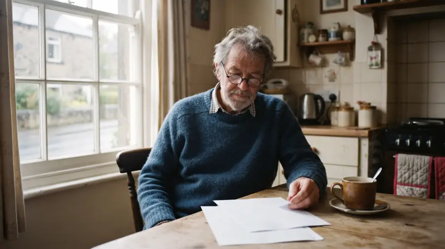 A man of about seventy with reading glasses looks over a few plain sheets of paper at his kitchen table, a cup of tea beside him.