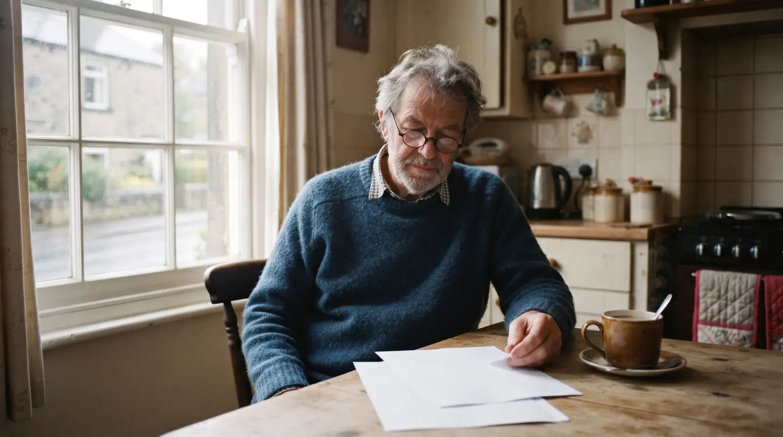 A man of about seventy with reading glasses looks over a few plain sheets of paper at his kitchen table, a cup of tea beside him.