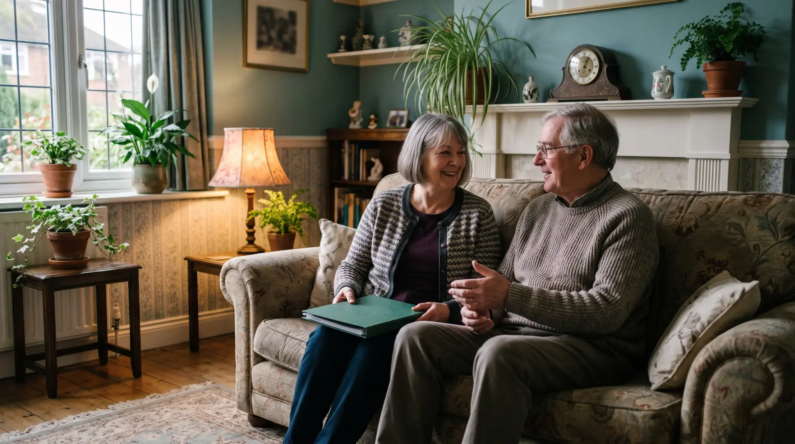 A married couple in their late sixties talk on the sofa in their living room, the woman holding a closed folder on her lap.