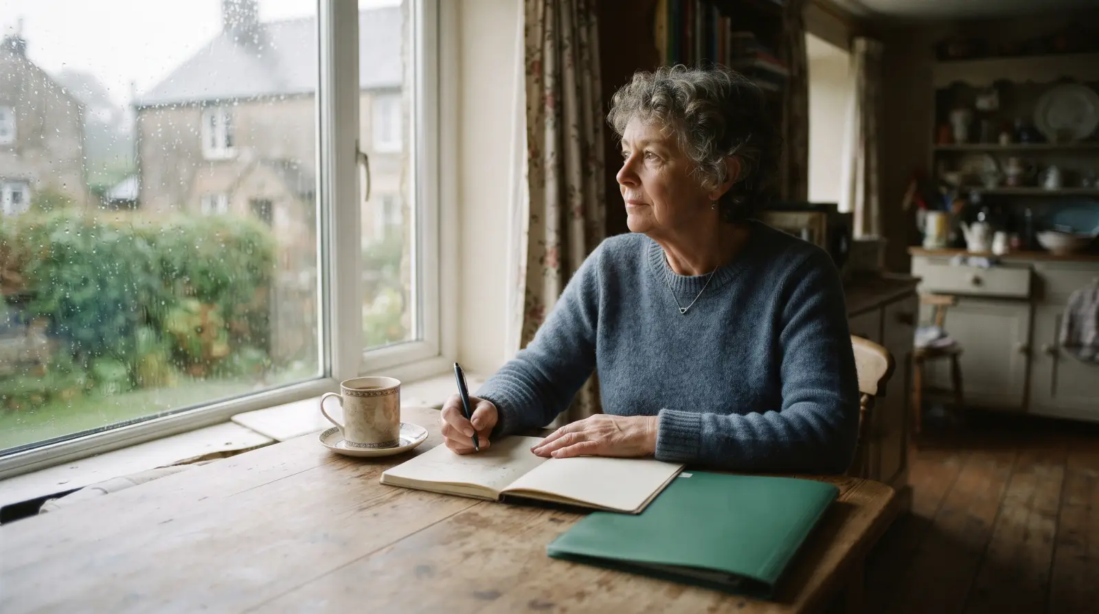 A woman in her late sixties writes in a notebook at a dining table by a rainy window, a cup of tea and a closed folder beside her.