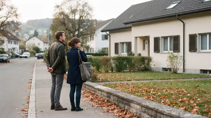 Ein Paar um die vierzig steht auf dem Gehweg vor einem Schweizer Doppeleinfamilienhaus mit Garten und betrachtet das Haus.
